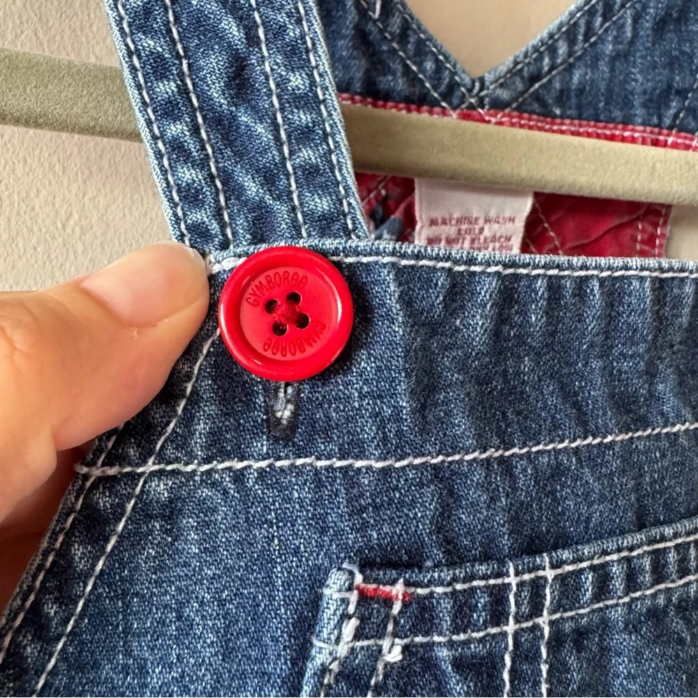 Vintage 2003 Gymboree Toddler Red Buttons Blue Denim‎ Overalls Dress Size 4